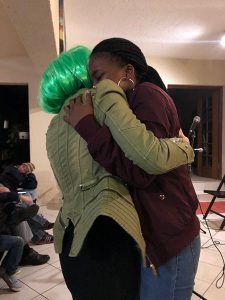 One of my students and I hugging it out on performance night